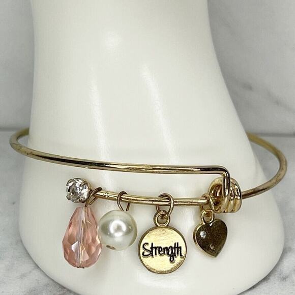 Rhinestone Faux Pearl Heart Strength Charm Beaded Bangle Bracelet - Picture 1 of 12
